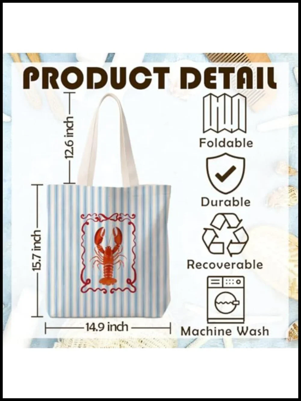Linen Canvas Tote Bag with Lobster Print, Reusable Shopping Grocery Bag